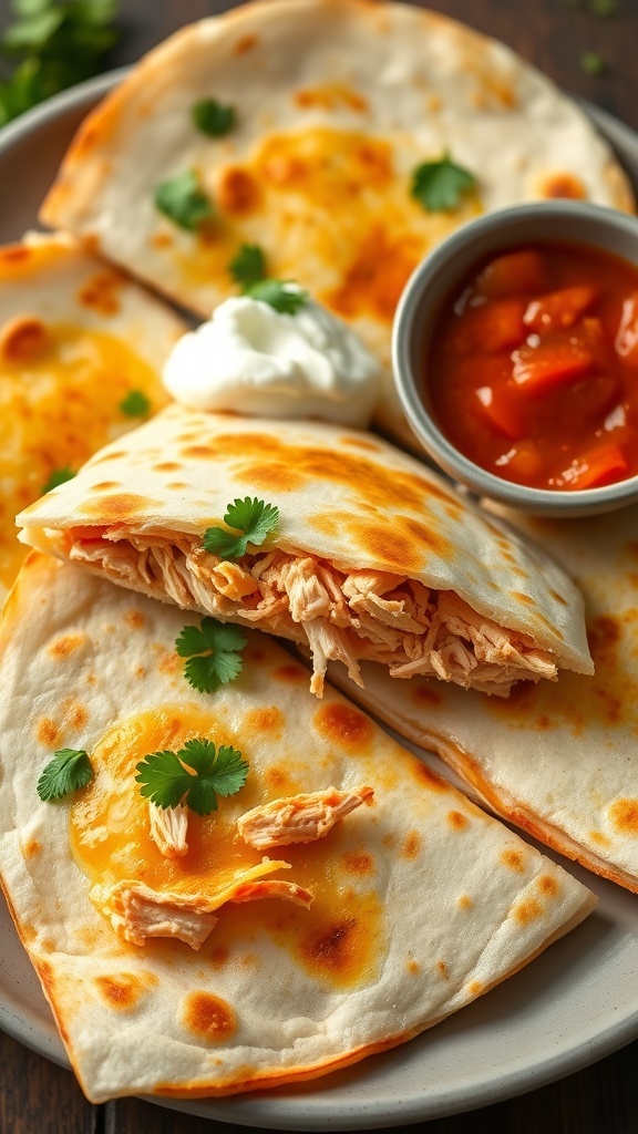 Rotisserie Chicken Quesadillas Recipe Golden-brown quesadillas filled with chicken and cheese, served with salsa and sour cream.